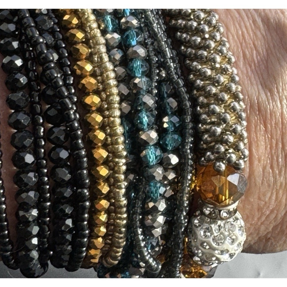 Set of‎ 3 Beaded Bracelets Magnetic Rhinestone Clasp Multi-Strand Black Gold